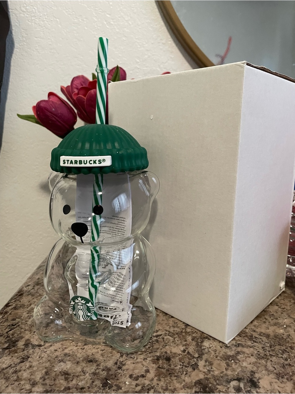 Starbucks Clear Bear Cup with Green Lid and Green-White Straw